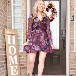 Floral Wine Faux wrap Dress